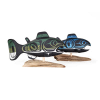 Salmon - Basswood Sculpture on Driftwood