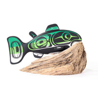 Salmon - Basswood Sculpture on Driftwood