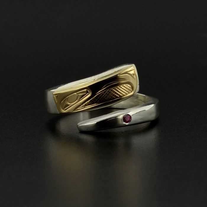 Eagle - Silver Ring with 14k Gold and Ruby