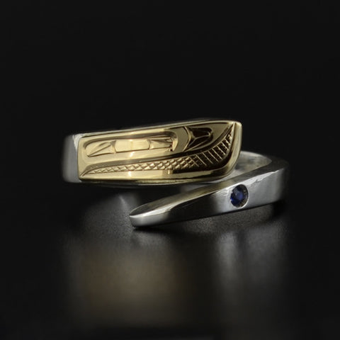 Salmon - Silver Wrap Ring with 14k Gold and Blue Topaz