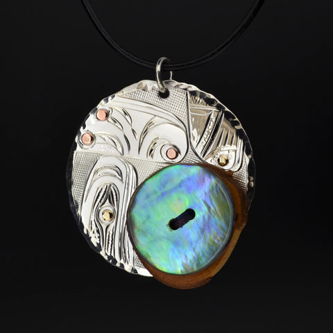 Transformation of Materials - Silver Pendant with 14k Gold, Copper, Abalone, Wood