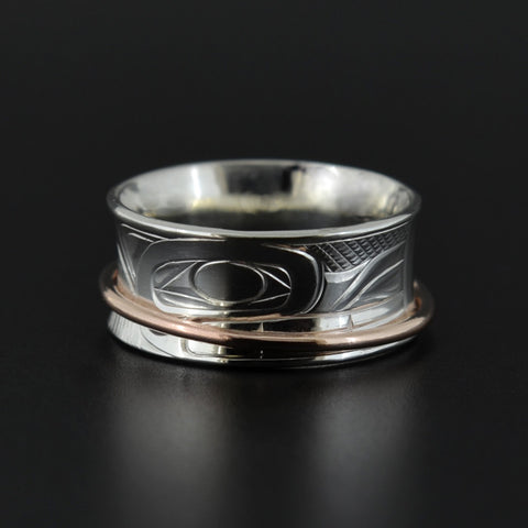 Wolf and Eagle - Silver Ring with 14k Rose Gold
