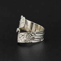Bear and Salmon - Silver Ring with Blue Topaz