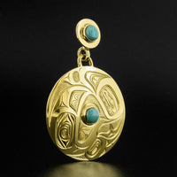 Raven Releasing the Sun - 18k Gold Pendant with Turquoise
