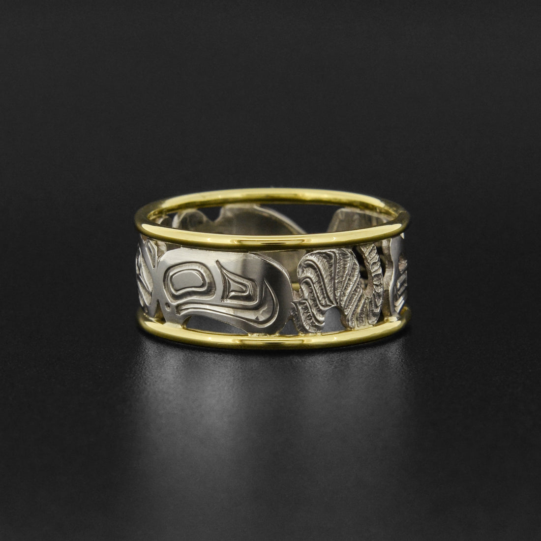 Wolves - Silver Ring with 14k Gold Rails