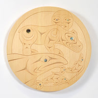 Bear Welcomes Salmon Home - Yellow Cedar Panel with Abalone