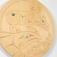 Bear Welcomes Salmon Home - Yellow Cedar Panel with Abalone