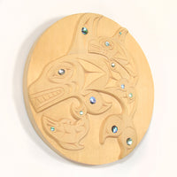 Killerwhale in Search of Salmon - Yellow Cedar Panel with Abalone