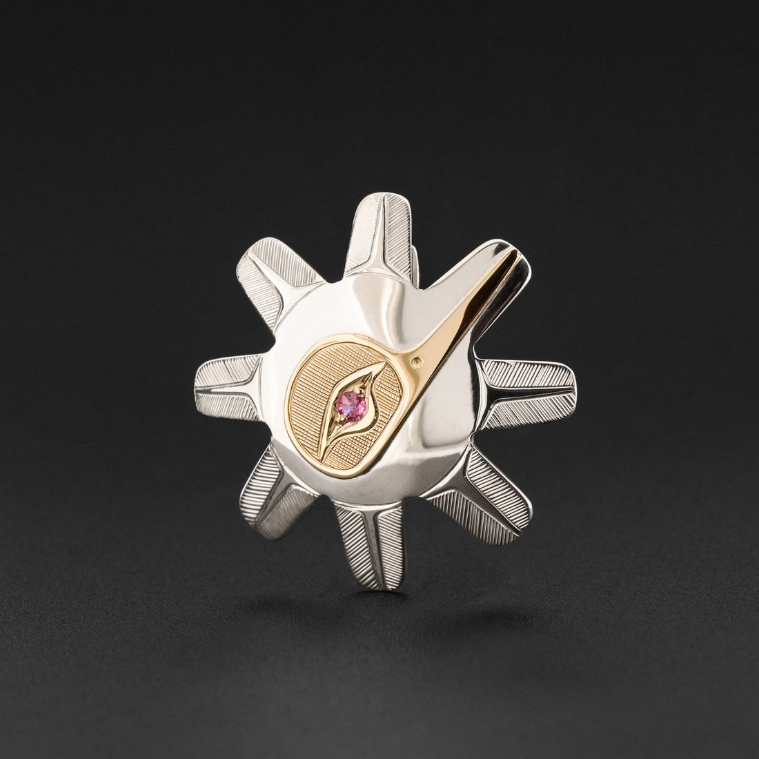 Hummingbird Sun - Silver Pendant with 14k Gold and Pink Tourmaline