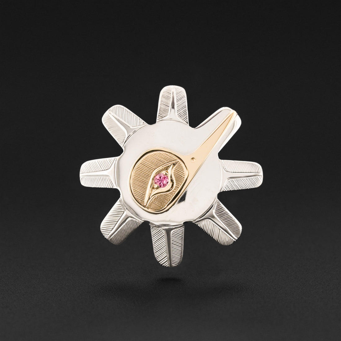 Hummingbird Sun - Silver Pendant with 14k Gold and Pink Tourmaline
