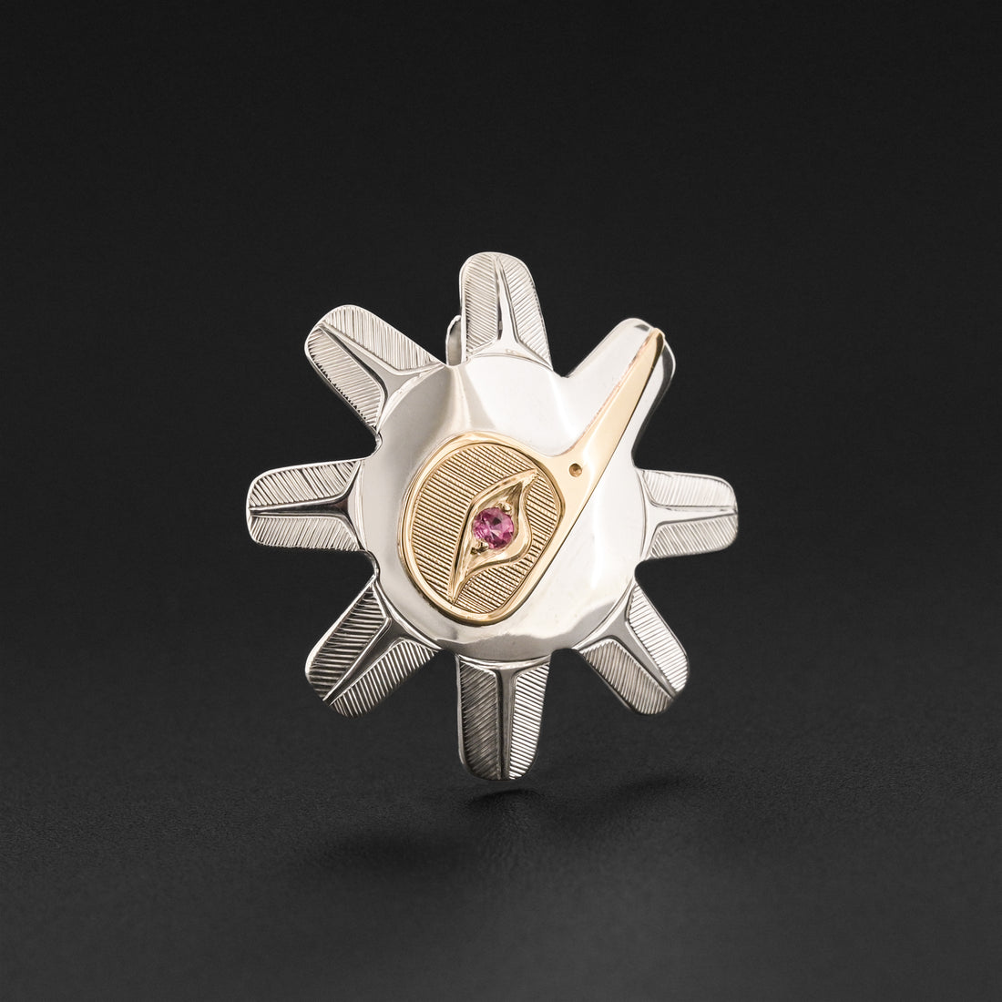 Hummingbird Sun - Silver Pendant with 14k Gold and Pink Tourmaline