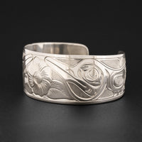 Two Hummingbirds with Flower - Silver Bracelet