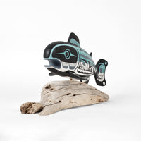 Salmon - Basswood Sculpture on Driftwood