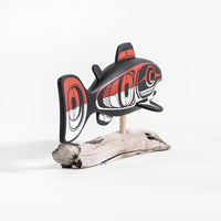 Salmon - Basswood Sculpture on Driftwood