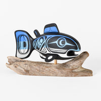 Salmon - Basswood Sculpture on Driftwood