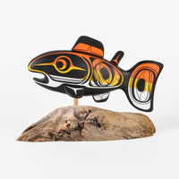 Salmon - Basswood Sculpture on Driftwood