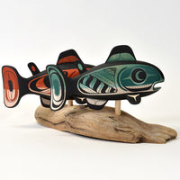 Swimming Salmon - Basswood Sculpture on Driftwood