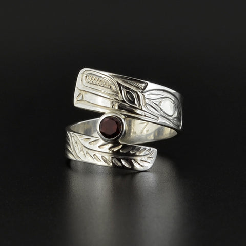 Wolf - Silver Wrap Ring with Garnet