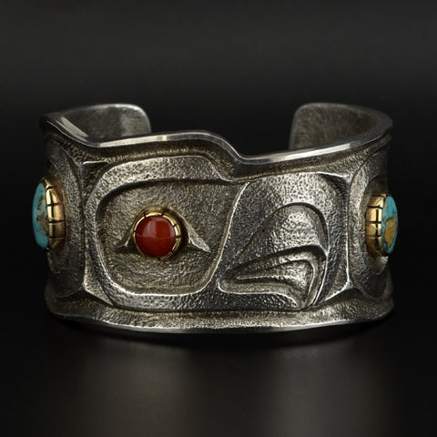 Eagle - Silver Bracelet with 14k Gold, Turquoise and Carnelian