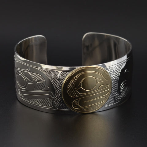 Raven, Eagle and the Moon - Silver Bracelet with 14k Gold Overlay