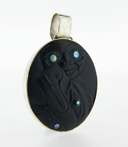 Wolf and Moon - Argillite and Silver Pendant