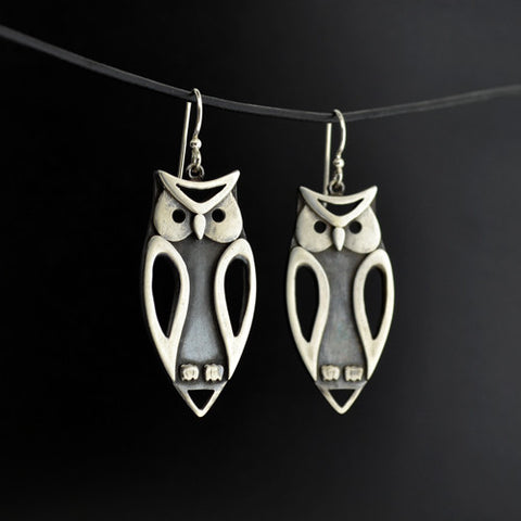 Owl - Oxidized Silver Earrings