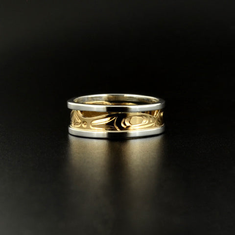 Three Salmon - 18k Gold Ring with Silver Rails