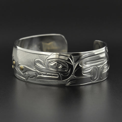 Bear, Salmon, Trees - Silver Bracelet with 14k Gold