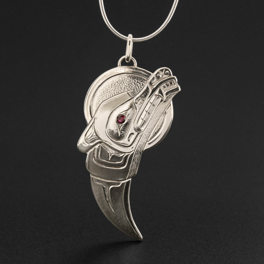 Wolf - Silver Pendant with Lab Grown Garnet
