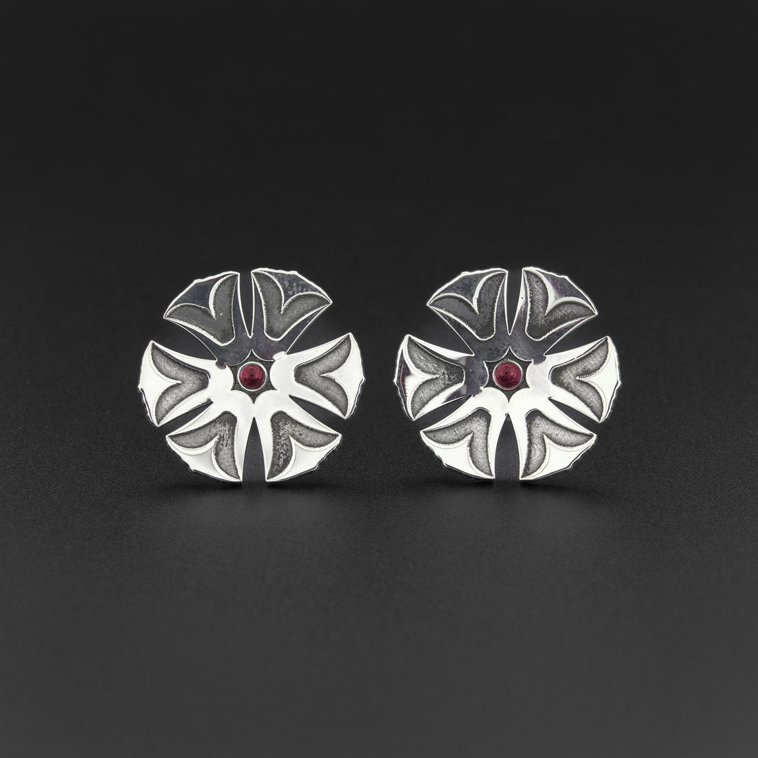Haida Flower - Silver Stud Earrings with Stones