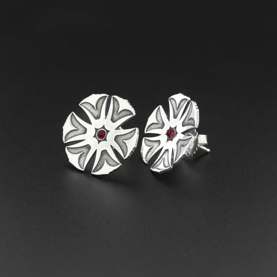 Haida Flower - Silver Stud Earrings with Stones