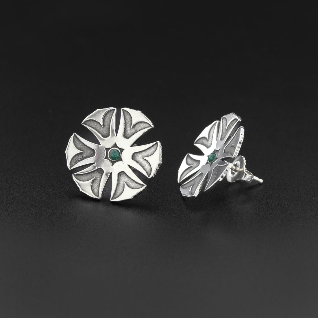 Haida Flower - Silver Stud Earrings with Stones
