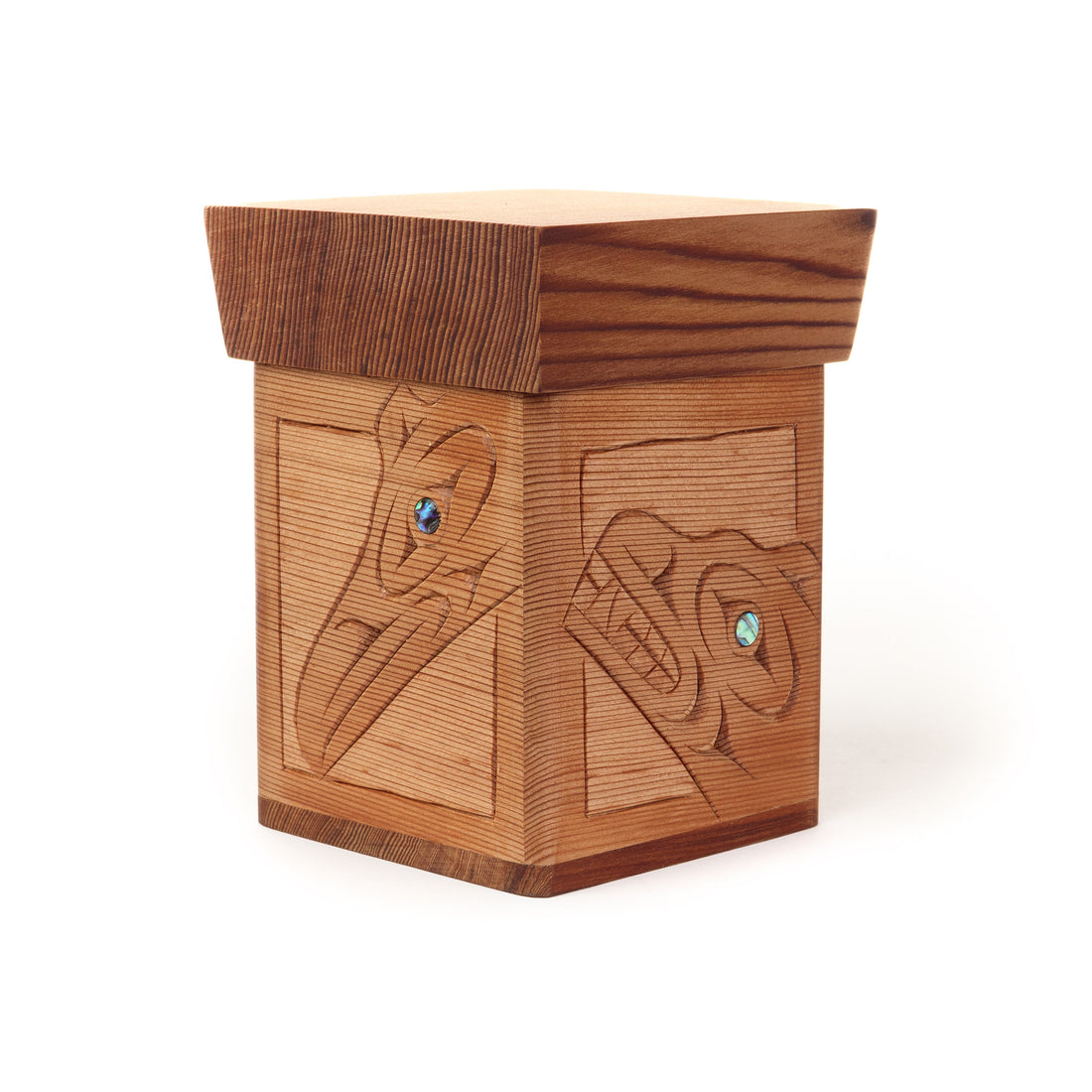 Eagle, Raven, Wolf, and Bear - Red Cedar Bentwood Box with Abalone