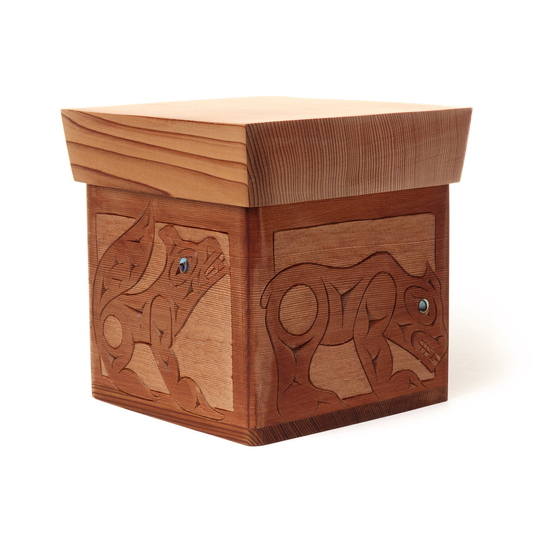 Eagle, Wolf, Bear, and Raven - Red Cedar Bentwood Box with Abalone