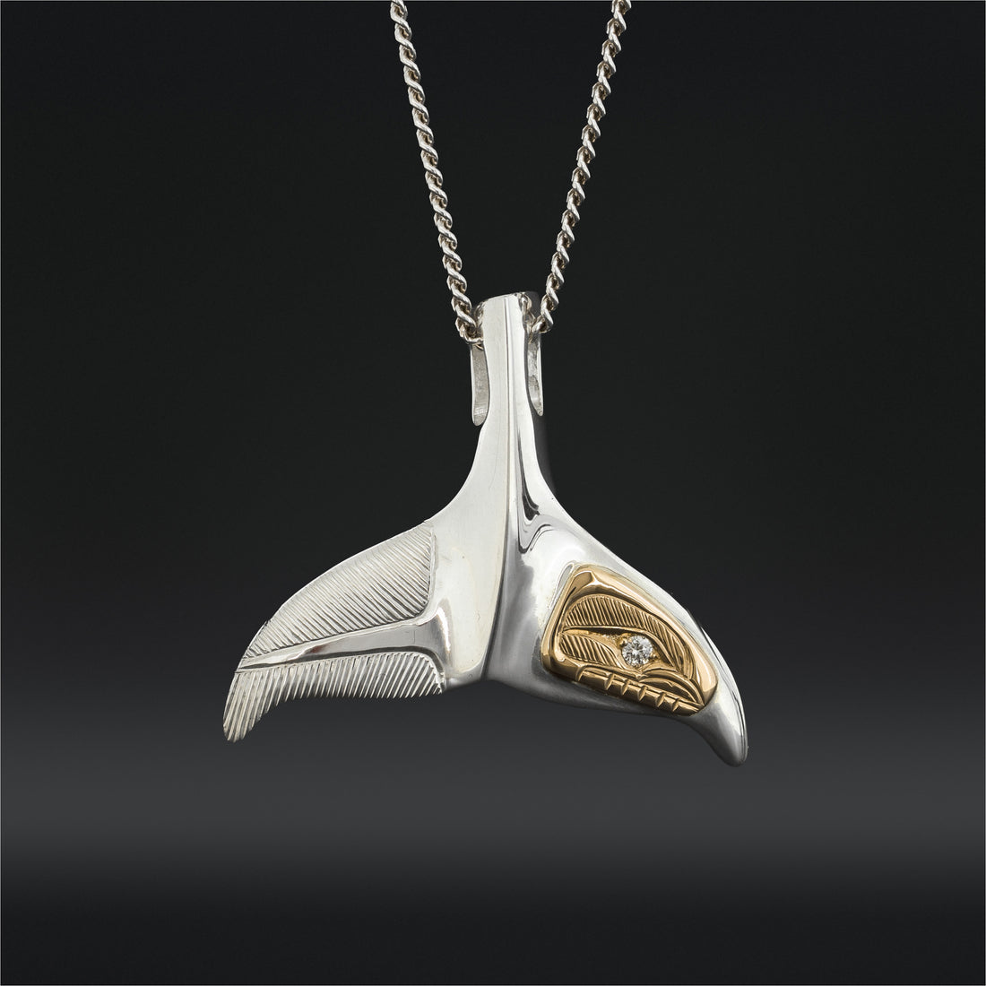 Whale Tail - Silver Pendant with 14k Gold and Diamond