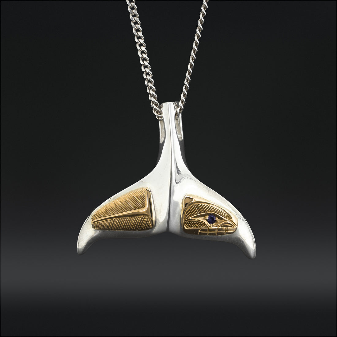 Whale Tail - Silver Pendant with 14k Gold and Sapphire