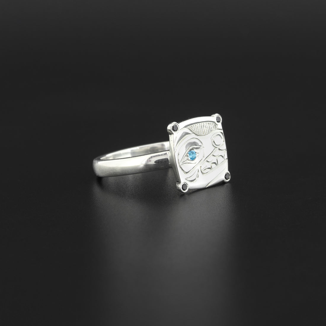 Bear - Silver Ring with Black Diamonds and Blue Topaz