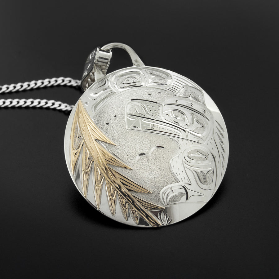 Bear and Raven in the Bush - Silver Pendant with 14k Gold