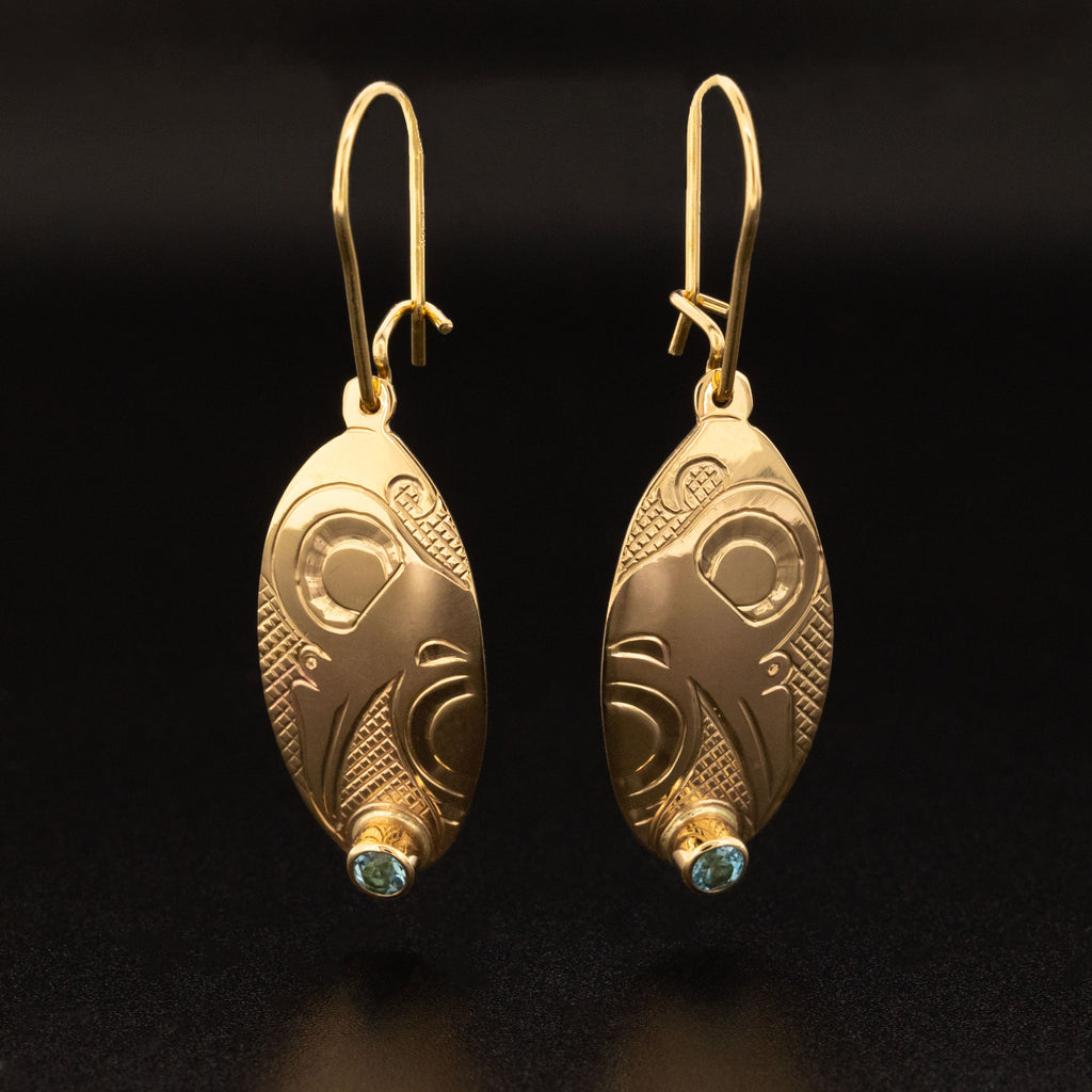 Hummingbird <br>14k Gold Earrings with Blue Topaz