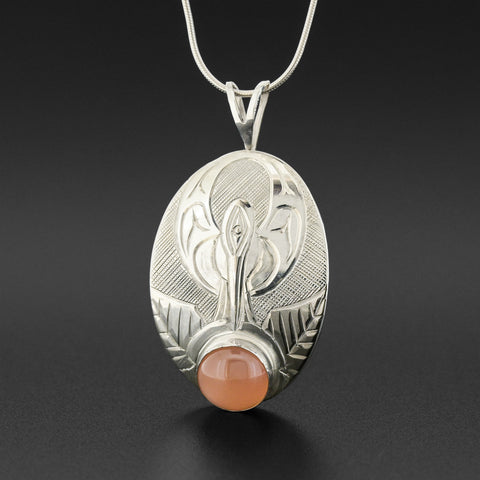 Hummingbird - Silver Pendant with Peach Moonstone