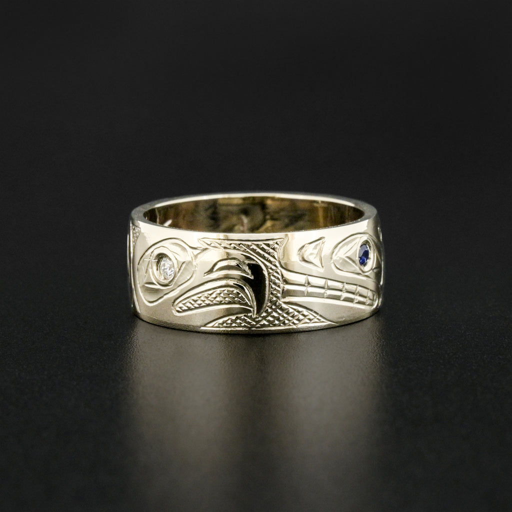 Eagle and Killerwhale - 14k White Gold Ring with Diamond and Sapphire