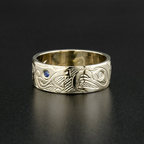 Nordic Dragon and Eagle - 14k White Gold Ring with Sapphire and Diamond