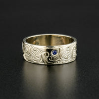 Nordic Dragon and Eagle - 14k White Gold Ring with Sapphire and Diamond