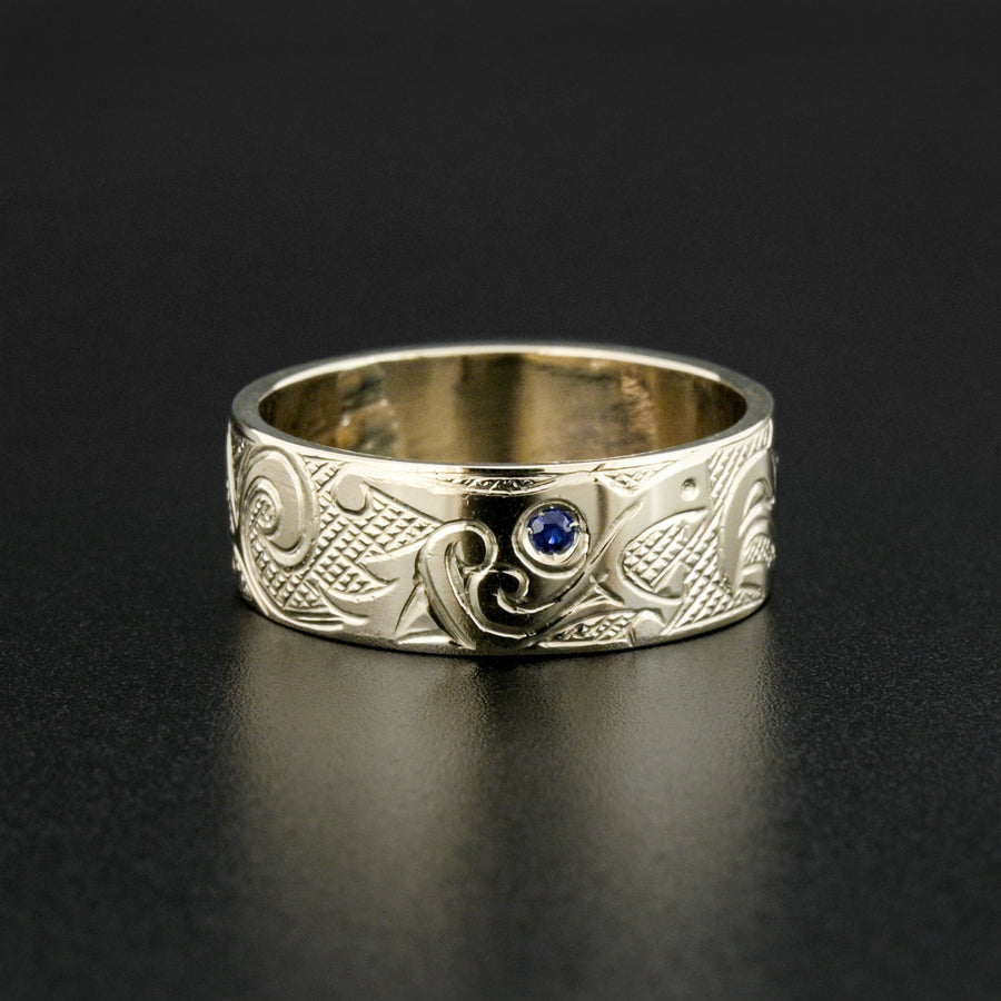 Nordic Dragon and Eagle - 14k White Gold Ring with Sapphire and Diamond