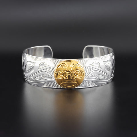 Ravens and Moon - Silver Bracelet with 14k Gold