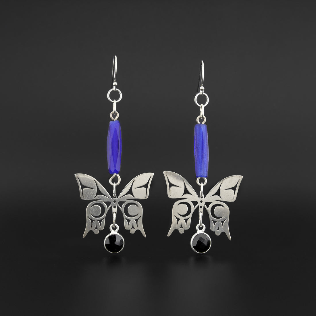 Butterfly - Silver Earrings with Trade Beads and Onyx