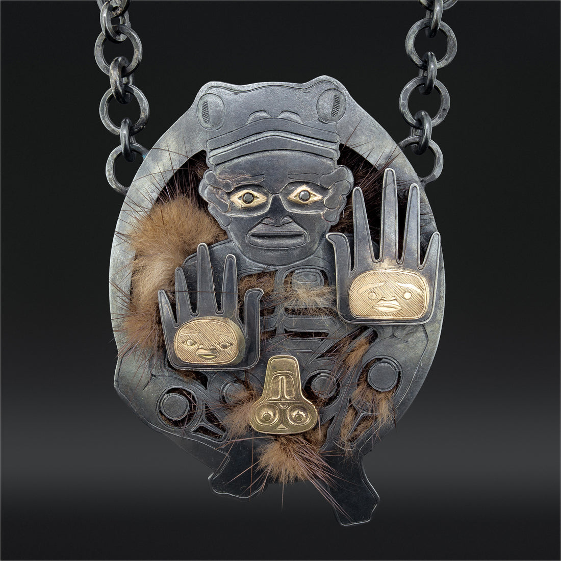 Land Otter Man - Silver Pendant with 18k Gold and Black Diamonds