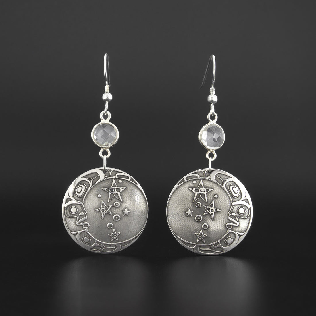 Moon and Stars - Silver Earrings with Quartz