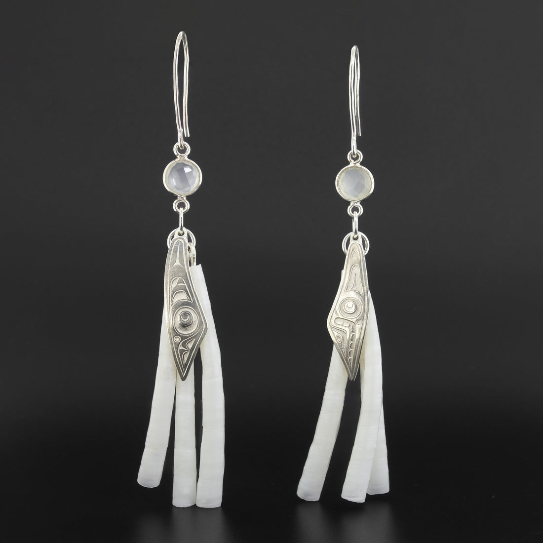 Mouse Woman - Silver Earrings with White Onyx and Dentalium Shell