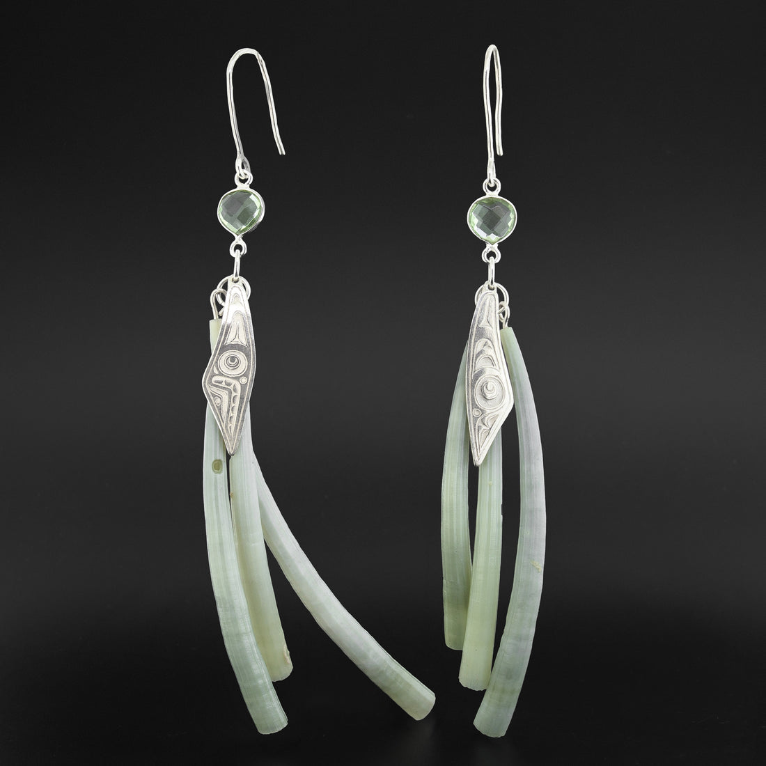 Mouse Woman - Silver Earrings with Green Amethyst and Dentalium Shell